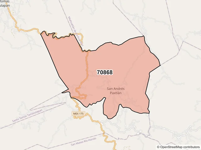 Mapa del código postal 70868, San Andrés Paxtlán, Oaxaca