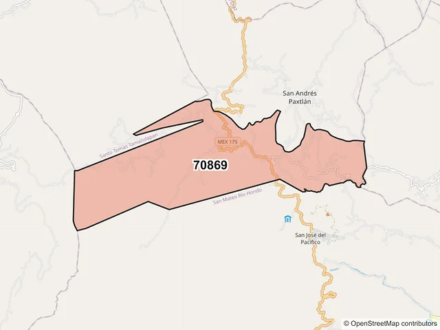 Mapa del código postal 70869, San Andrés Paxtlán, Oaxaca