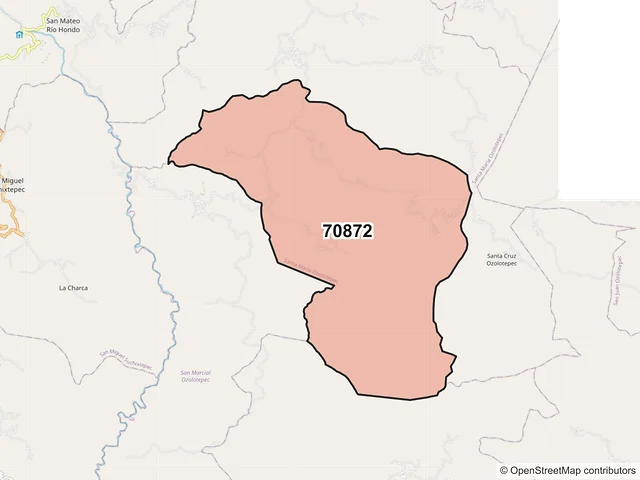 Mapa del código postal 70872, Santa María Ozolotepec, Oaxaca