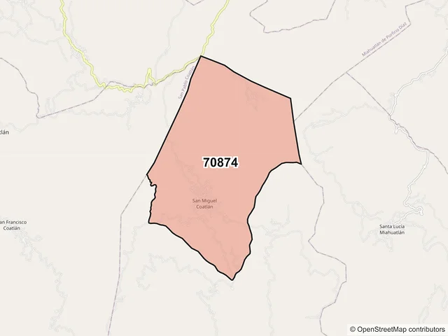 Mapa del código postal 70874, San Miguel Coatlán, Oaxaca