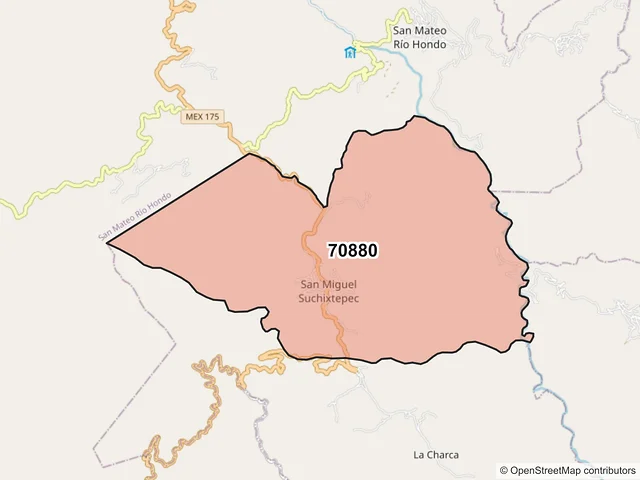 Mapa del código postal 70880, San Miguel Suchixtepec, Oaxaca