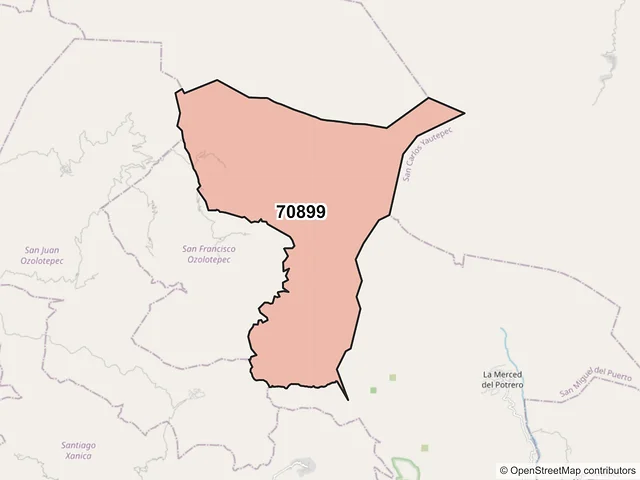 Mapa del código postal 70899, San Juan Ozolotepec, Oaxaca