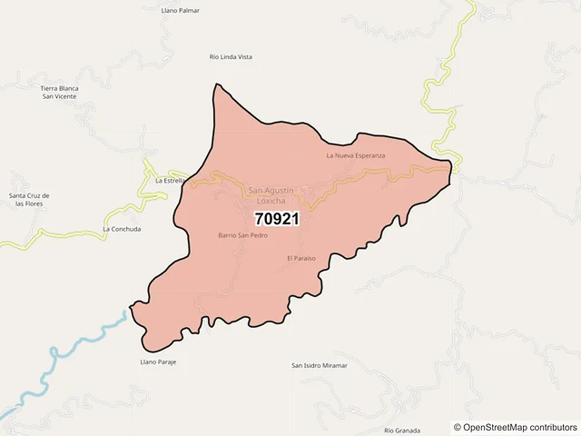 Mapa del código postal 70921, San Agustín Loxicha, Oaxaca