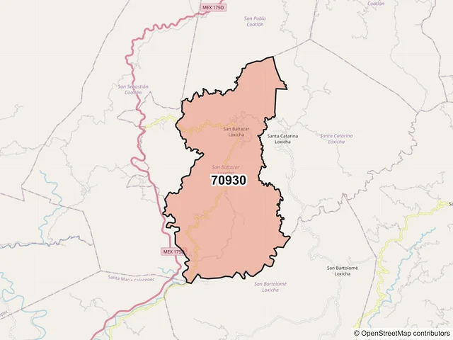 Mapa del código postal 70930, San Baltazar Loxicha, Oaxaca