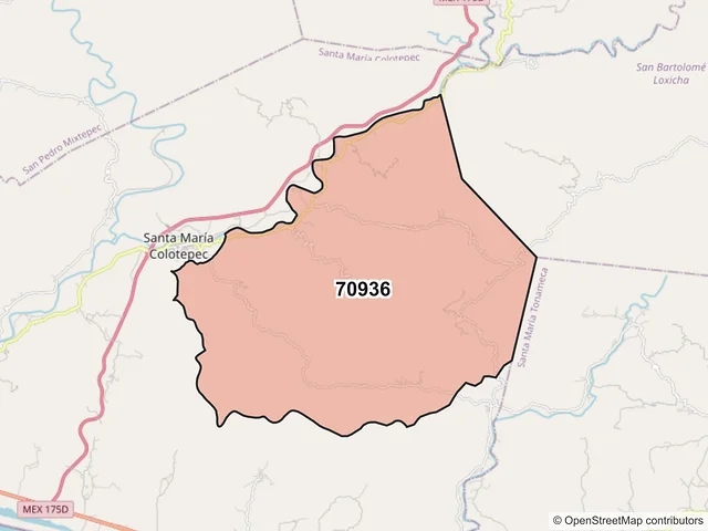 Mapa del código postal 70936, Santa María Colotepec, Oaxaca
