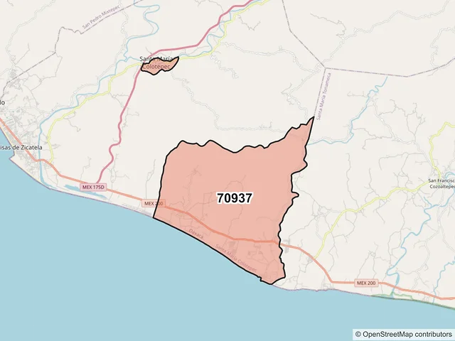 Mapa del código postal 70937, Santa María Colotepec, Oaxaca