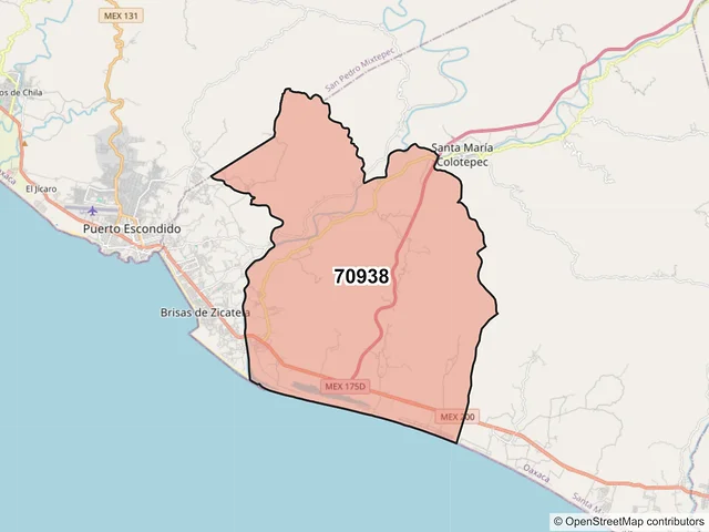 Mapa del código postal 70938, Santa María Colotepec, Oaxaca
