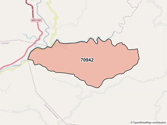 Mapa del código postal 70942, San Bartolomé Loxicha, Oaxaca