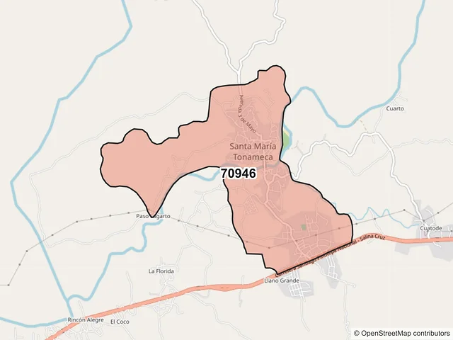 Mapa del código postal 70946, Santa María Tonameca, Oaxaca