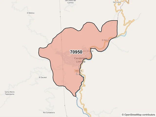Mapa del código postal 70950, Candelaria Loxicha, Oaxaca