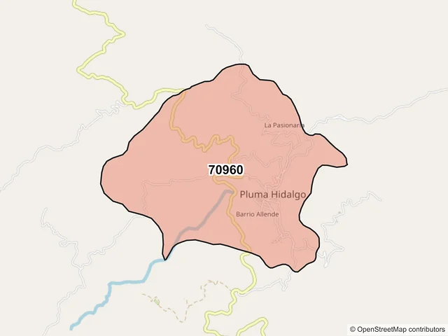 Mapa del código postal 70960, Pluma Hidalgo, Oaxaca