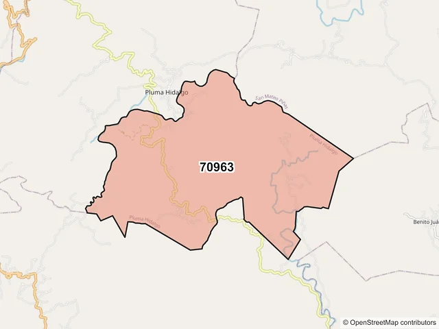 Mapa del código postal 70963, Pluma Hidalgo, Oaxaca
