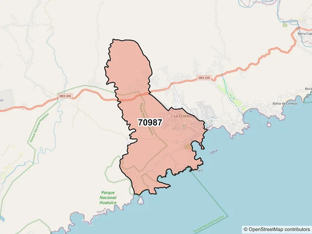 Mapa del código postal 70987, Santa María Huatulco, Oaxaca