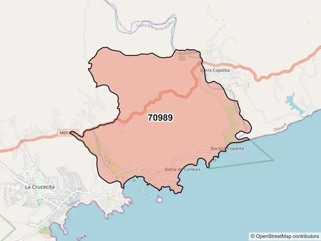 Mapa del código postal 70989, Santa María Huatulco, Oaxaca