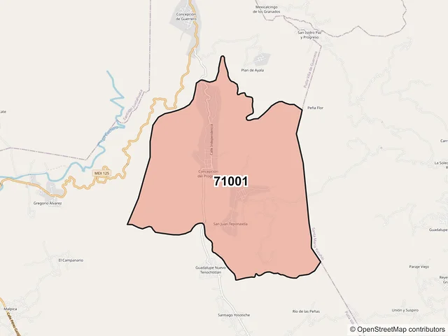 Mapa del código postal 71001, Putla Villa de Guerrero, Oaxaca