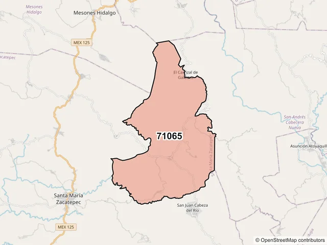 Mapa del código postal 71065, Santa María Zacatepec, Oaxaca