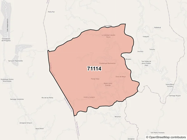 Mapa del código postal 71114, Santa María Yucuhiti, Oaxaca
