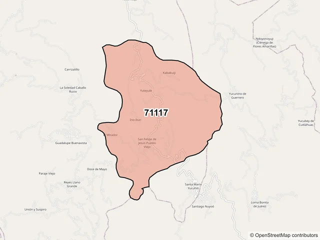 Mapa del código postal 71117, Santa María Yucuhiti, Oaxaca