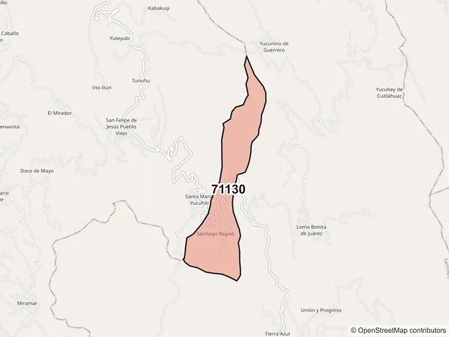 Mapa del código postal 71130, Santiago Nuyoó, Oaxaca