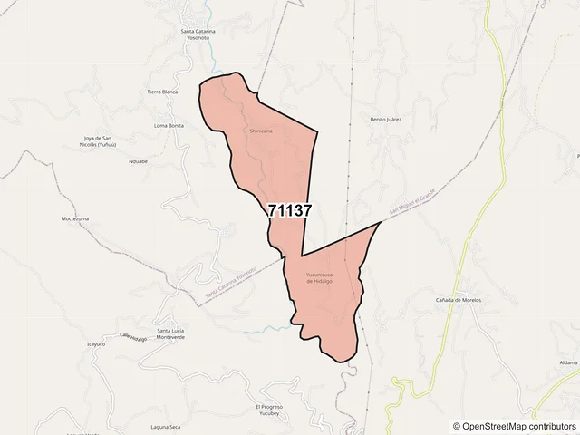 Mapa del código postal 71137, Santa Catarina Yosonotú, Oaxaca