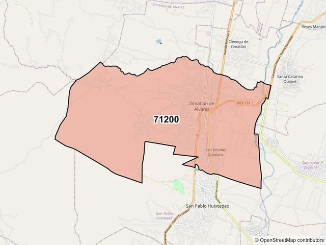 Mapa del código postal 71200, Zimatlán de Álvarez, Oaxaca