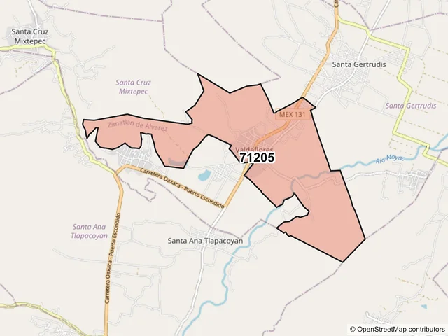 Mapa del código postal 71205, Zimatlán de Álvarez, Oaxaca