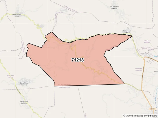 Mapa del código postal 71218, San Miguel Mixtepec, Oaxaca