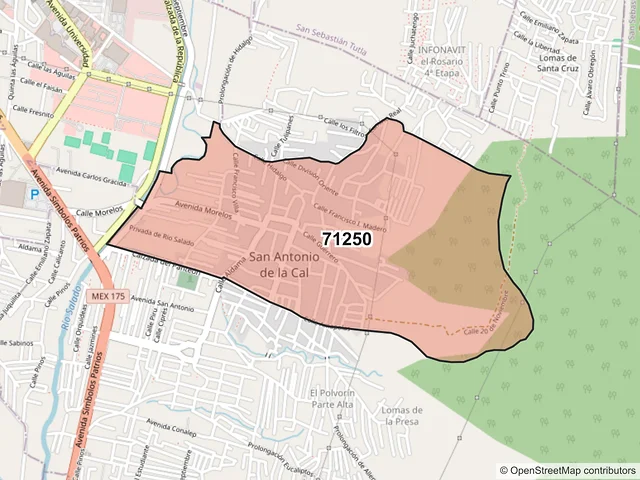Mapa del código postal 71250, San Antonio de la Cal, Oaxaca