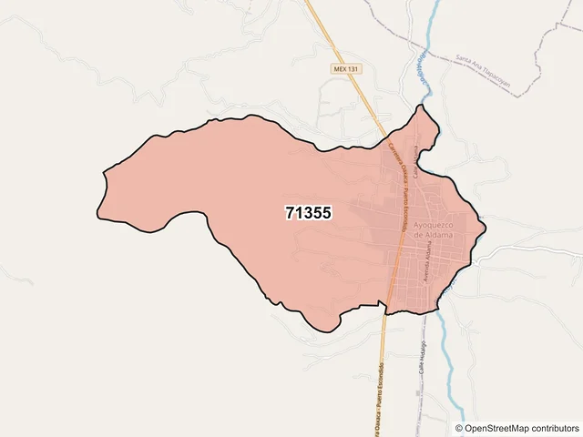 Mapa del código postal 71355, Ayoquezco de Aldama, Oaxaca