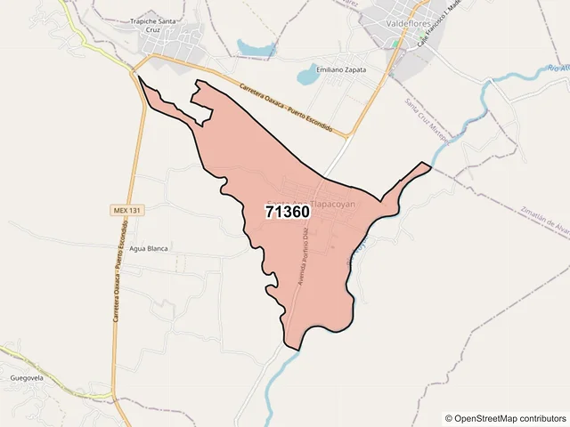 Mapa del código postal 71360, Santa Ana Tlapacoyan, Oaxaca