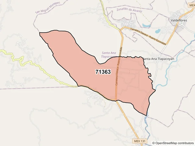 Mapa del código postal 71363, Santa Ana Tlapacoyan, Oaxaca