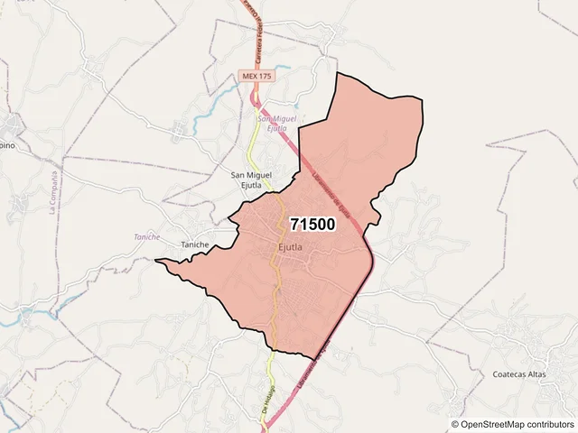 Mapa del código postal 71500, Heroica Ciudad de Ejutla de Crespo, Oaxaca