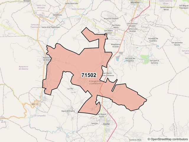 Mapa del código postal 71502, Heroica Ciudad de Ejutla de Crespo, Oaxaca