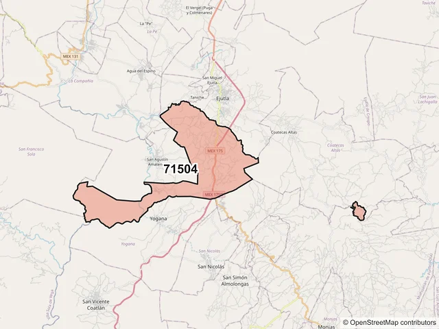Mapa del código postal 71504, Heroica Ciudad de Ejutla de Crespo, Oaxaca