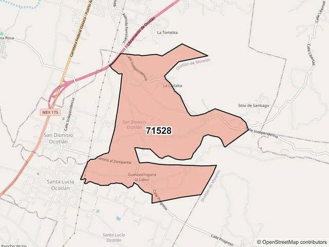 Mapa del código postal 71528, San Dionisio Ocotlán, Oaxaca