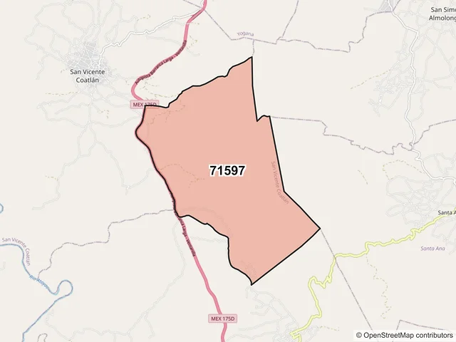 Mapa del código postal 71597, San Vicente Coatlán, Oaxaca