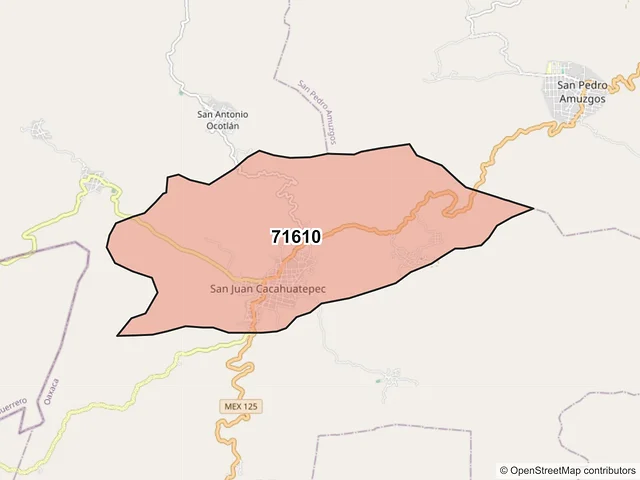 Mapa del código postal 71610, San Juan Cacahuatepec, Oaxaca