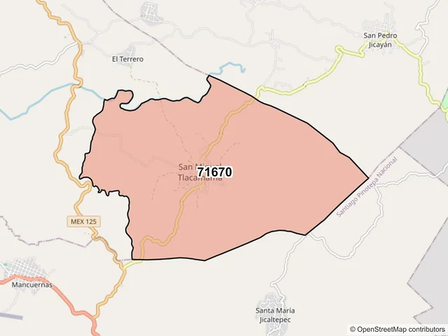 Mapa del código postal 71670, San Miguel Tlacamama, Oaxaca