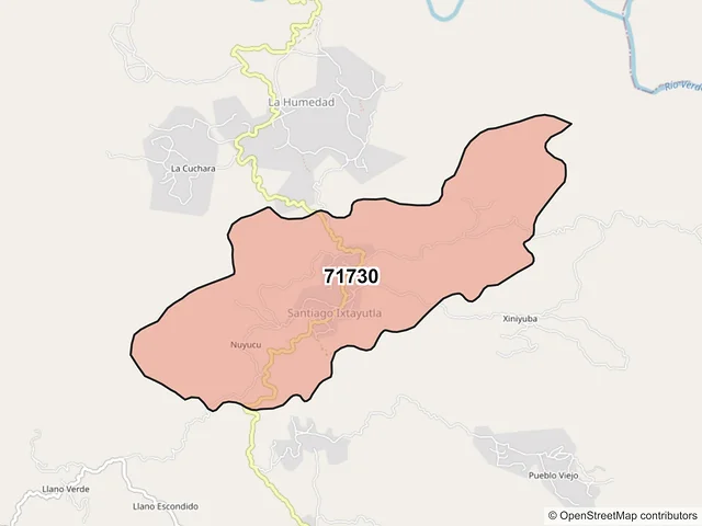 Mapa del código postal 71730, Santiago Ixtayutla, Oaxaca