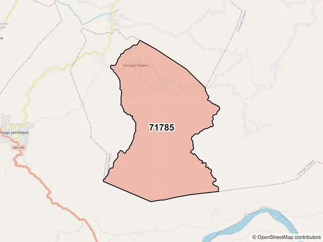 Mapa del código postal 71785, Santiago Tetepec, Oaxaca