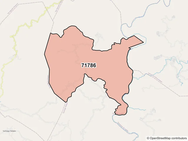 Mapa del código postal 71786, Santiago Tetepec, Oaxaca