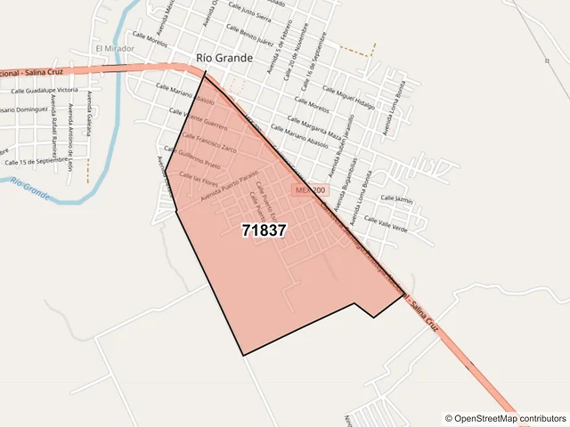 Mapa del código postal 71837, Villa de Tututepec, Oaxaca
