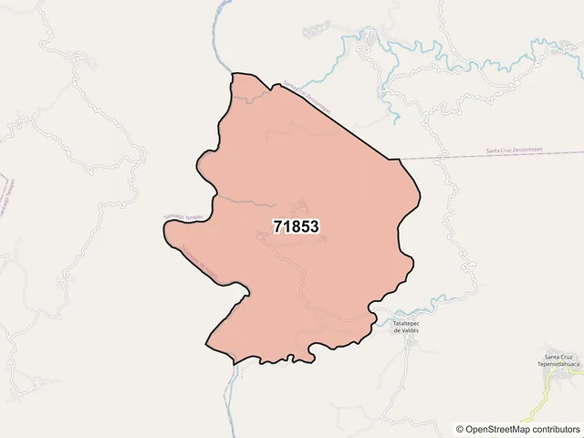 Mapa del código postal 71853, Tataltepec de Valdés, Oaxaca