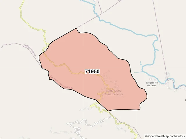 Mapa del código postal 71950, Santa María Temaxcaltepec, Oaxaca