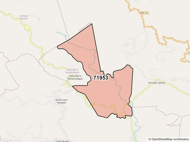 Mapa del código postal 71953, Santa María Temaxcaltepec, Oaxaca