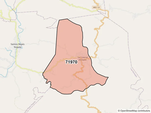 Mapa del código postal 71970, San Gabriel Mixtepec, Oaxaca