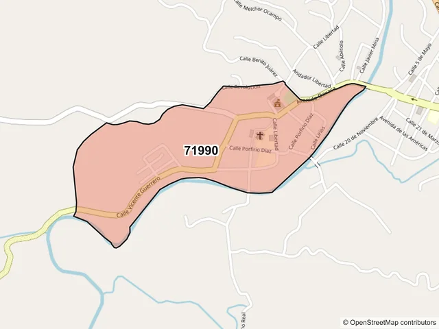 Mapa del código postal 71990, San Pedro Mixtepec, Oaxaca