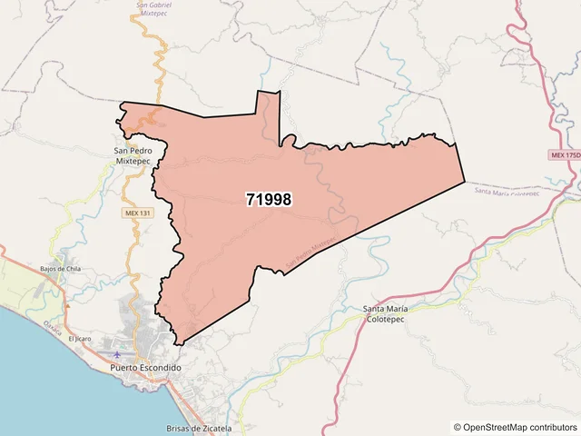 Mapa del código postal 71998, San Pedro Mixtepec, Oaxaca