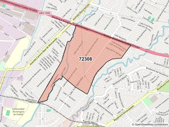 Mapa del código postal 72308, Puebla, Puebla