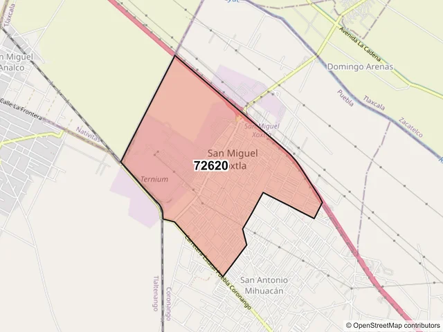 Mapa del código postal 72620, San Miguel Xoxtla, Puebla